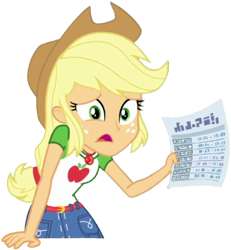 Size: 2329x2520 | Tagged: safe, edit, edited screencap, editor:homersimpson1983, screencap, applejack, equestria girls, g4, 2d, applejack's hat, arms, background removed, belt, breasts, bust, clothes, collar, cowboy hat, denim skirt, female, fingers, freckles, geode of super strength, hand, hat, holding, leaning forward, long hair, magical geodes, not a vector, open mouth, ponytail, shirt, short sleeves, simple background, skirt, solo, standing, teenager, transparent background, worried