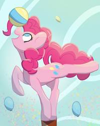 Size: 1350x1700 | Tagged: safe, artist:summerbeachyt, pinkie pie, earth pony, pony, g4, balancing, ball, balloon, confetti, cute, diapinkes, female, mare, open mouth, open smile, ponies balancing stuff on their nose, signature, sky, smiling, solo, standing on two hooves