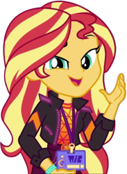 Size: 1841x2520 | Tagged: safe, edit, edited screencap, editor:homersimpson1983, screencap, sunset shimmer, human, equestria girls, g4, 2d, background removed, backstage pass, clothes, eyebrows, female, geode of empathy, jacket, leather, leather jacket, looking at you, magical geodes, not a vector, open mouth, open smile, pants, raised eyebrow, simple background, smiling, solo, transparent background