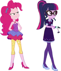 Size: 2147x2520 | Tagged: safe, edit, edited screencap, editor:homersimpson1983, screencap, pinkie pie, sci-twi, twilight sparkle, human, equestria girls, g4, 2d, background removed, bangs, bare shoulders, clothes, curly hair, duo, duo female, female, glasses, hairband, high heels, lidded eyes, not a vector, ponytail, sci-twi outfits, shoes, sideburns, simple background, sleeveless, smiling, transparent background