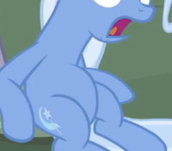 Size: 1001x878 | Tagged: safe, screencap, trixie, pony, unicorn, all bottled up, g4, belly, cropped, horn, open mouth, pictures of bellies, round belly, sitting, solo