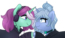 Size: 1931x1119 | Tagged: safe, artist:emera33, oc, oc only, oc:misty mourn, oc:parallel pop, pony, unicorn, blind, choker, clothes, duo, hair over one eye, headphones, hoodie, horn, messy mane, neet, simple background, transparent background, unicorn oc
