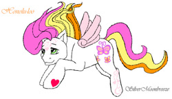 Size: 622x358 | Tagged: safe, artist:silvermoonbreeze, baby honolu-loo, pegasus, pony, g3, 2006, colored wings, female, filly, flying, foal, hoof heart, simple background, solo, underhoof, white background, wings