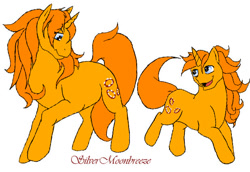 Size: 618x424 | Tagged: safe, artist:silvermoonbreeze, gypsy (g1), oc, oc:baby gypsy, pony, unicorn, g1, 2006, duo, duo female, female, filly, foal, horn, jumping, mare, mother and child, mother and daughter, open mouth, open smile, raised hoof, simple background, smiling, standing, white background