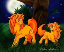 Size: 717x579 | Tagged: safe, artist:silvermoonbreeze, gypsy (g1), oc, oc:baby gypsy, pony, unicorn, g1, 2006, duo, duo female, female, filly, foal, full moon, grass, horn, jumping, mare, moon, mother and child, mother and daughter, night, open mouth, open smile, raised hoof, simple background, smiling, standing, tree