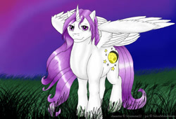 Size: 600x409 | Tagged: safe, artist:silvermoonbreeze, oc, oc only, oc:moonstar (moonstar22), alicorn, 2006, alicorn oc, female, grass, horn, looking at you, mare, night, partially open wings, solo, standing, wings
