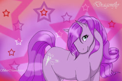 Size: 811x535 | Tagged: safe, artist:silvermoonbreeze, dragonfly (g2), earth pony, pony, g2, 2006, female, looking at you, mare, pink background, simple background, solo, stars, turned head