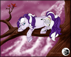 Size: 831x660 | Tagged: safe, artist:silvermoonbreeze, oc, oc only, oc:moonbreeze, pony, unicorn, 2006, body markings, facial markings, female, horn, leg markings, lying down, lying on a branch, mare, prone, purple background, simple background, solo, tree branch, unicorn oc