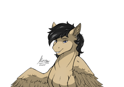 Size: 2598x1831 | Tagged: safe, artist:monolith_skyline, oc, oc only, oc:afrito, pegasus, pony, ear piercing, lidded eyes, looking at you, male, pegasus oc, piercing, simple background, solo, stallion, sternocleidomastoid, white background, wings