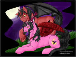 Size: 854x640 | Tagged: safe, artist:silvermoonbreeze, oc, oc only, oc:delano (tynica), oc:simplicity (tynica), alicorn, bat pony, bat pony alicorn, 2007, alicorn oc, bandana, bat wings, colored wings, female, golden eyes, horn, jewelry, looking at each other, looking at someone, lying down, male, mare, necklace, night, oc x oc, partially open wings, shipping, stallion, straight, unshorn fetlocks, wings, yellow eyes