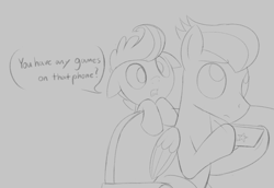 Size: 2480x1710 | Tagged: safe, artist:dtcx97, pound cake, rumble, pegasus, pony, g4, cellphone, colt, couch, dialogue, explicit source, foal, male, meme, monochrome, older, phone, sketch, smartphone, teenager, you got games on your phone