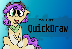 Size: 3105x2093 | Tagged: safe, artist:dropofthehatstudios, oc, oc only, oc:quickdraw, banned from equestria daily, clothes, coat markings, cowboy hat, eyelashes, gradient background, green eyes, hat, hoof ring, purple mane, scarf, sitting, socks (coat markings), solo, ya got, yellow coat