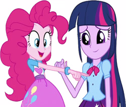 Size: 2956x2520 | Tagged: safe, edit, edited screencap, editor:homersimpson1983, screencap, pinkie pie, twilight sparkle, human, equestria girls, g4, arms, background removed, blouse, bowtie, bracelet, clothes, duo, duo female, female, fingers, hand, happy, jewelry, long hair, not a vector, open mouth, open smile, pointing, puffy sleeves, shirt, short sleeves, simple background, skirt, smiling, standing, teenager, vest, white background
