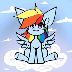 Size: 1000x1000 | Tagged: safe, artist:glotasha, rainbow dash, pegasus, pony, g4, animated, cloud, ear fluff, floppy ears, gif, happy, looking at you, on a cloud, open mouth, sitting, sitting on a cloud, sky, solo, tail, wings