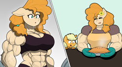 Size: 2586x1425 | Tagged: safe, artist:matchstickman, applejack, pear butter, earth pony, anthro, g4, abs, apron, baking, biceps, breasts, busty pear butter, clothes, deltoids, duo, female, filly, filly applejack, food, mare, matchstickman's pear buffer series, mother and child, mother and daughter, muscles, muscular female, pear buffer, pecs, pie, simple background, sweat, triceps, weight lifting, weights, younger