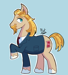 Size: 1310x1431 | Tagged: safe, artist:php191, jeff letrotski, earth pony, pony, g4, blue background, clothes, cutie mark, full body, male, raised hoof, simple background, stallion, suit