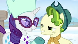 Size: 1920x1080 | Tagged: safe, screencap, pistachio, rarity, earth pony, unicorn, g4, my little pony best gift ever, animated, blinking, clothes, duo, duo male and female, female, frame by frame, hat, horn, lidded eyes, male, out of context, shipping fuel, smiling, winter outfit