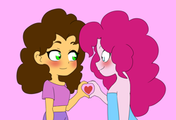 Size: 2950x2021 | Tagged: safe, artist:lirudraw, cheese sandwich, pinkie pie, human, equestria girls, g4, blushing, duo, female, grilled cheese (r63), half r63 shipping, heart hands, lesbian, pink background, rule 63, shipping, simple background