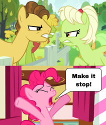 Size: 824x970 | Tagged: safe, artist:disneyponyfan, grand pear, granny smith, pinkie pie, earth pony, g4, the perfect pear, female, make it stop, male, meme