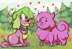 Size: 2323x1586 | Tagged: safe, artist:ignorethisthanks, princess thunder guts, spike, spike the regular dog, dog, equestria girls, g4, lost and pound, lost and pound: spike, my little pony equestria girls: choose your own ending, collar, duo, grass, grass field, hair over one eye, heart, implied transformation, sitting, smiling, spikelove, spunder
