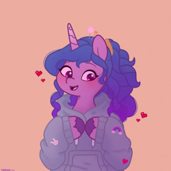 Size: 2480x2480 | Tagged: safe, artist:starburstuwu, izzy moonbow, pony, unicorn, g5, blushing, bust, clothes, cute, high res, hoodie, hooves together, horn, izzybetes, open mouth, open smile, orange background, simple background, smiling, solo