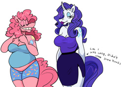 Size: 1062x752 | Tagged: safe, artist:beastofeuthanasia, pinkie pie, rarity, earth pony, unicorn, anthro, g4, alternative cutie mark placement, belly, breasts, chubby, cleavage, clothes, dress, duo, duo female, eyeshadow, fat, female, horn, lipstick, makeup, midriff, plump, pudgy pie, shorts, shoulder cutie mark, simple background, skirt, white background