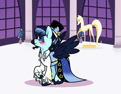 Size: 1624x1260 | Tagged: safe, artist:paperbagpony, oc, oc only, oc:southern star, blue coat, bow, bowtie, buckle, clothes, dress, flower, gala dress, grand galloping gala, hat, hidden cutie mark, ponyquin, top hat, unshorn fetlocks, yellow eyes