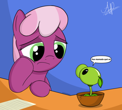 Size: 2000x1800 | Tagged: safe, artist:aldaplayer, cheerilee, earth pony, pony, g4, crossover, female, peashooter, plant, plants vs zombies, signature, solo, speech bubble