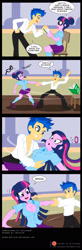 Size: 900x2732 | Tagged: safe, artist:niban-destikim, flash sentry, sci-twi, twilight sparkle, human, equestria girls, g4, breasts, busty twilight sparkle, cleavage, comic, commission, dancing, dialogue, duo, duo male and female, female, glasses off, loose hair, male, ship:flashlight, ship:sci-flash, shipping, simpsons did it, straight, unbuttoned