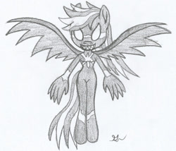 Size: 1024x877 | Tagged: safe, artist:lol20, rainbow dash, pegasus, pony, anthro, g4, breasts, busty rainbow dash, corrupted, female, grin, mare, smiling, solo, spread wings, story included, symbiote invasion, toothy grin, traditional art, venom, wings