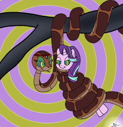 Size: 1024x1054 | Tagged: safe, artist:lol20, starlight glimmer, pony, snake, unicorn, g4, coils, duo, female, female kaa, horn, hypno eyes, hypnosis, hypnotized, kaa, kaa eyes, lidded eyes, looking at each other, looking at someone, mare, smiling, smiling at each other, story included, tree branch, wrapped snugly, wrapped up
