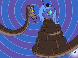 Size: 1024x761 | Tagged: safe, artist:lol20, princess luna, alicorn, pony, snake, g4, coils, crown, cute, duo, female, hypno eyes, hypnosis, hypnotized, jewelry, kaa eyes, looking at each other, looking at someone, lunabetes, male, mare, regalia, s1 luna, smiling, smiling at each other, story included, wrapped snugly, wrapped up