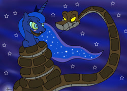 Size: 900x643 | Tagged: safe, artist:lol20, princess luna, alicorn, pony, snake, blushing, crown, duo, female, hypno eyes, hypnosis, hypnotized, jewelry, kaa, kaa eyes, lidded eyes, male, mare, open mouth, regalia, smiling, stars, story included, wrapped snugly, wrapped up