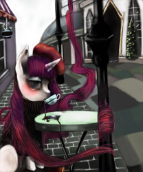 Size: 625x750 | Tagged: safe, artist:jcharlesmachiavelli, rarity, pony, unicorn, g4, beret, blushing, clothes, cup, drink, drinking, ear piercing, earring, female, hat, horn, impossibly long hair, jewelry, long hair, mare, piercing, sitting, solo, spill, sweater, teacup, very long hair