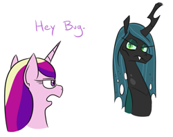 Size: 703x556 | Tagged: safe, artist:jargon scott, princess cadance, queen chrysalis, alicorn, changeling, changeling queen, pony, bust, dialogue, duo, duo female, female, mare