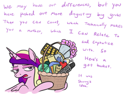 Size: 724x535 | Tagged: safe, artist:jargon scott, princess cadance, alicorn, pony, g4, apple, basket, bouquet, box of chocolates, dialogue, female, flower, food, gift basket, hoof hold, horn, implied queen chrysalis, implied shipping, lidded eyes, mare, partially open wings, solo, text, tri-color mane, unamused, wings