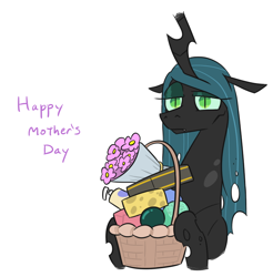 Size: 722x733 | Tagged: safe, artist:jargon scott, queen chrysalis, changeling, changeling queen, basket, bouquet of flowers, bust, cheese, female, flower, food, gift basket, lidded eyes, mother's day, solo, text