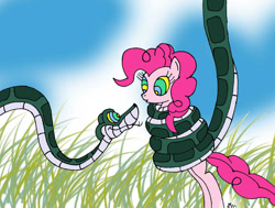 Size: 900x682 | Tagged: safe, artist:lol20, pinkie pie, earth pony, pony, snake, g4, coils, dialogue in the description, duo, female, grass, hypno eyes, hypno pie, hypnosis, hypnotized, kaa, kaa eyes, looking at each other, looking at someone, male, mare, smiling, story included, wrapped snugly, wrapped up