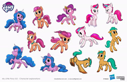 Size: 1920x1243 | Tagged: safe, artist:claudio naccari, hitch trailblazer, izzy moonbow, pipp petals, sunny starscout, zipp storm, earth pony, pegasus, pony, unicorn, g5, adorapipp, adorazipp, concept art, cute, female, hitchbetes, horn, izzybetes, male, mane five, mare, my little pony g5 2d show (boulder media), open mouth, simple background, smiling, stallion, sunnybetes, white background