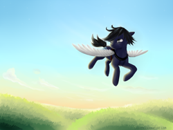 Size: 1600x1200 | Tagged: safe, artist:kaermter, oc, oc only, earth pony, pony, artificial wings, augmented, flying, male, scar, solo, stallion, wings