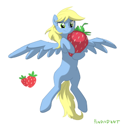 Size: 2500x2500 | Tagged: safe, artist:kaermter, oc, oc only, pegasus, pony, female, flying, food, mare, simple background, solo, strawberry, transparent background