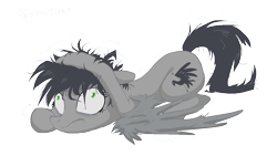 Size: 1200x675 | Tagged: safe, artist:kaermter, oc, oc only, pegasus, pony, lying down, prone, scared, simple background, solo, transparent background