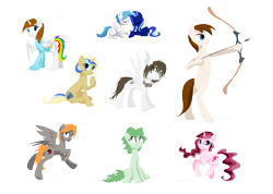 Size: 2774x1980 | Tagged: safe, artist:kaermter, oc, oc only, alicorn, earth pony, pegasus, pony, unicorn, alicorn oc, arrow, bipedal, bow (weapon), bow and arrow, clothes, female, headphones, horn, lying down, male, mare, prone, simple background, sitting, stallion, transparent background, weapon, wings