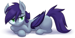 Size: 2724x1378 | Tagged: safe, artist:kaermter, oc, oc only, bat pony, pony, ear tufts, female, lying down, mare, prone, simple background, slit pupils, solo, transparent background