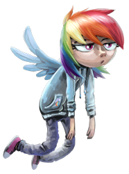Size: 1284x1722 | Tagged: safe, artist:kaermter, rainbow dash, human, g4, clothes, female, flying, hoodie, humanized, simple background, solo, spread wings, transparent background, winged humanization, wings