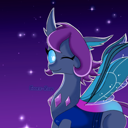 Size: 2024x2024 | Tagged: safe, artist:cookie-ruby, oc, oc only, changedling, changeling, g4, blue eyes, changedling oc, changedlingified, changeling oc, clothes, cute, digital art, eyelashes, gem, happy, horn, looking at you, night, one eye closed, ponysona, purple mane, see-through, signature, smiling, smiling at you, solo, sparkles, species swap, spread wings, starry night, stars, wings, wink, winking at you