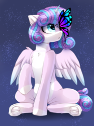 Size: 2250x3000 | Tagged: safe, artist:taiweiart, princess flurry heart, alicorn, butterfly, pony, g4, bioluminescent, blue background, blue eyes, butterfly wings, chest fluff, crepuscular rays, cute, digital art, ethereal mane, ethereal tail, feather, female, flying, high res, hooves, horn, mare, night, older, older flurry heart, open mouth, raised hoof, signature, simple background, sitting, solo, sparkles, speedpaint, spread wings, starry mane, starry night, starry tail, stars, tail, two toned mane, two toned tail, wings