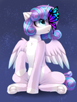 Size: 2250x3000 | Tagged: safe, artist:taiweiart, princess flurry heart, alicorn, butterfly, pony, g4, bioluminescent, blue background, blue eyes, butterfly wings, chest fluff, crepuscular rays, cute, digital art, ethereal mane, ethereal tail, feather, female, flurrybetes, flying, high res, hooves, horn, mare, night, older, older flurry heart, open mouth, precious, raised hoof, signature, simple background, sitting, solo, sparkles, speedpaint, spread wings, starry mane, starry night, starry tail, stars, tail, two toned mane, two toned tail, wings