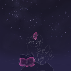 Size: 2160x2160 | Tagged: safe, artist:dtcx97, spike, twilight sparkle, dragon, pony, g4, book, cute, duo, duo male and female, explicit source, female, male, mama twilight, spikabetes, stargazing, stars, twiabetes