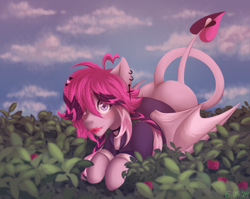 Size: 2708x2160 | Tagged: safe, artist:n3tt0l, oc, oc only, bat pony, pony, blushing, bush, choker, closed mouth, clothes, cloud, ear piercing, earring, jewelry, piercing, raspberry, request, requested art, shiny eyes, shiny mane, sky, solo, striped mane, wings, wings down
